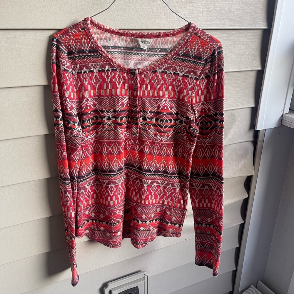 Lucky Brand Women's Sz M Red Fair Isle Western Aztec Boho Top Long Sleeve Snaps